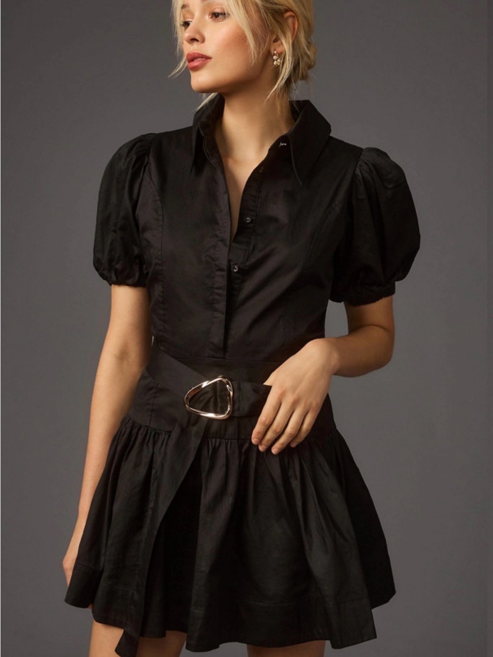 Anthropologie Aureta 1X Black Poplin Puff Sleeve Belted Mini Dress EUC